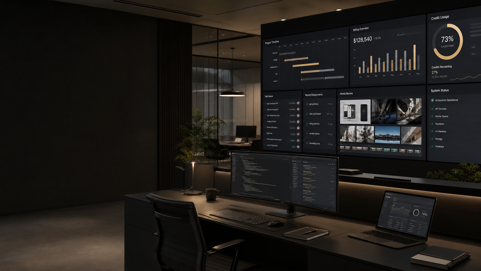 AI operations studio coordinating code, billing, media, and task queues